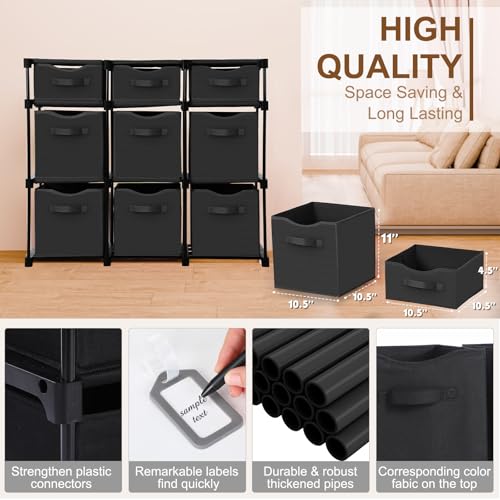 9 Cube Storage Organizer Shelf with Storage Bins and Label, 11 Inch Toy Cube Bins Clothes Closet Organizers Drawers Fabric Dresser for Living Room, Bedroom, Playroom, Dorm(Black) - color: Black