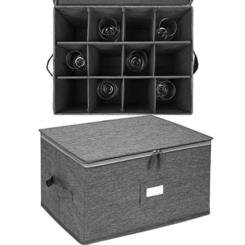 Stemware Storage Cases, Wine Glass Storage Box Containers for Glassware or Crystal, Holds 12 Red or White Wine Glasses, Hard Top and Sides (Grey) - color: Grey