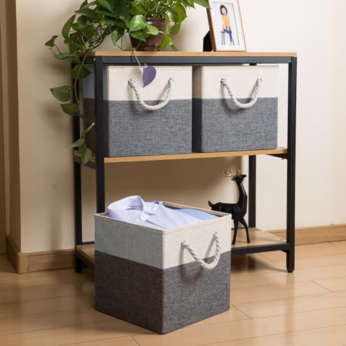 PRANDOM Large Foldable Cube Storage Bins 11x11 inch [2-Pack] Fabric Linen Storage Baskets Cubes Drawer with Cotton Handles Organizer for Shelves Nursery Closet Bedroom White and Grey - color: White and Grey, size: 11x11 inch(2-Pack)