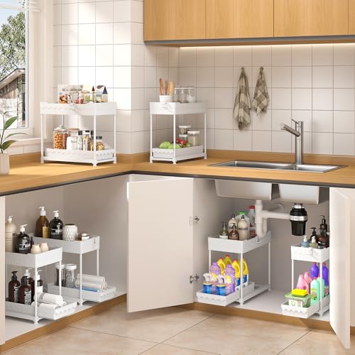 Sevenblue Under Sink Organizer, Bathroom Organizers and Storage, 2 Tier Multi-Use Pull Out Cabinet Organizer with Hang Hooks and Cups (White, 4 Pack) - color: White, size: 12.8 Inch
