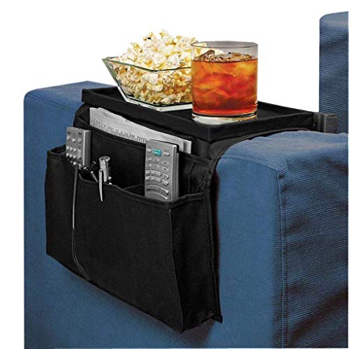 5 Pockets TV Remote Control Holder Couch Sofa Tray Armrest Organiser Oxford Chair Couch Caddy Sofa Armrest Bag Bedside Storage Hanging Organiser for Magazine Books Snack Mobile DVD Cellphone Drinker - color: black
