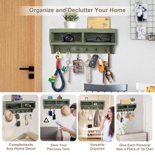 Key Holder Wall Mount - Mail Organizer Wall Mount with 6 Key Hooks and Storage Box for Sunglasses Storage and Dog Leash Holder Home Decor Rack Apartment Farmhouse Shelf Entryway Organizer (Green) - color: Green