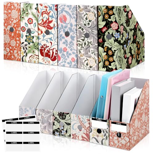 PerKoop 6 Pcs Decorative Magazine File Holders Floral Foldable File Folders Magazine Storage Boxes Rack Desk Organizer Documents with Printable Labels for School Office Home (Floral) - style: Floral