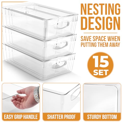 Sorbus Clear Plastic Storage Bins for Organizing, 15 Pack Clear Organizer Bins with Handles, Plastic Storage Bins for Closet, Pantry, Fridge, Medicine Cabinet Organizer, Shelves, Freezer, Drawer - size: Variety Pack, style: 15 Pack