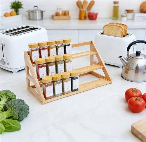 3 Tier Bamboo Spice Rack Organizer for Cabinet - Seasoning Rack Fits 24 Spice Jars, 17.5” Wide Countertop & Cabinet Organizer for Kitchen Organization