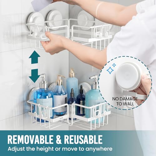 TAILI Corner-adaptive Suction Cup Shower Caddy 2 Pack, Stainless Steel Rustproof Corner Shower Shelves, Drill-Free Wall Mounted Baskets, Large Capacity Removable Suction Cup Bathroom Organizer, White - style: Corner-adaptive, White