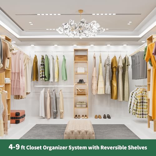 ROOMTEC Closet System, 17" Wide Wall-Mounted Closet Organizer Kit with Wood Storage Tower and 3 Hanging Rods, Wardrobe Closet System for Walk-In Closets, Wood - color: Wood, size: 17 Inch