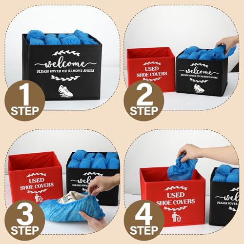 2 Pcs Shoe Cover Boxes Dispenser Foldable Storage Bins, Used Shoe Covers and Welcome Please or Remove Sign Entryway Basket Holder for Open House Supplies(Black, Red) - color: Black, Red