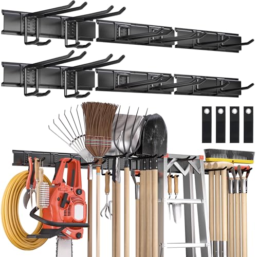Garden Tool Organizer Wall Mount, 96 inches Tool Storage Rack with Adjustable Hooks, 600lbs Adjustable Heavy Duty Metal Hooks, Yard Shed Rack Holder System Hanging Rake Broom Mop Snowboard, Men Gift - size: 96"