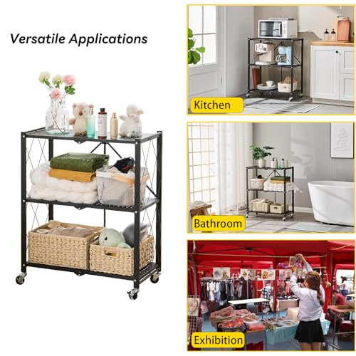 BRIAN & DANY 3-Tier Foldable Storage Shelves with Wheels, No Assembly Folding Shelf Metal Rack, Shelving Unit for Kitchen, Garage, Black - color: Black, size: 3-tier