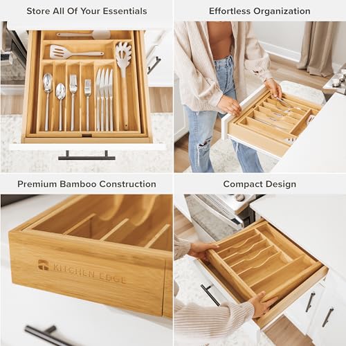 KitchenEdge Premium Silverware, Flatware and Utensil Organizer for Kitchen Drawers, Food-Safe Contract Grade, Expandable from 14 to 25 In, Natural Bamboo - color: Natural Bamboo, size: From 14.5" to 25" wide
