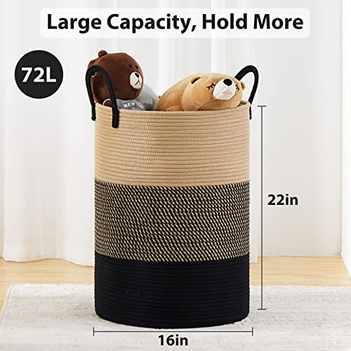 72L Large Woven Laundry Hamper by Fiona's magic, Tall Cotton Rope Storage Basket, Jute Baby Nursery Hamper for Blankets, Toys and Clothes in Bedroom and Living Room Organizing, Brown & Black - color: Brown & Black, size: Large(72L)