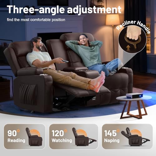 Loveseat Recliner Sofa, Home Theater Seating with Massage, RV Wall Hugger Reclining Couch with Console, USB, Cup Holders & Drawer, Manual Loveseat Recliners RV Sofa for RV & Home Theater - color: Brown, size: Loveseat 67''