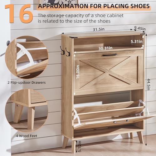 Joaxswe Shoe Cabinet Storage for Entryway with 2 Flip Drawers 2 Hook Open Storage Layer Rack Narrow Organizer Slim Hidden Wood Shoe Cabinet Furniture Natural - color: Natural