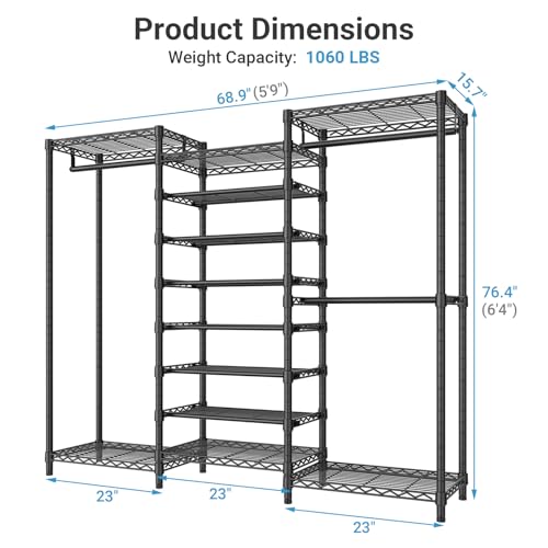 VIPEK S3 Heavy Duty Garment Rack Freestanding Clothes Rack Closet Storage Organizer Large Wardrobe with 6-Tier Shoe Rack, Hanging Rod, Adjustable Shelf, 68.9" L x 15.7" W x 76.4" H, Black - color: Black, style: S3