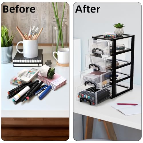 Cididu Desktop Organizer with 4 Drawers, Clear Plastic Storage Drawer Unit, Small Desk Organizer Storage Box, Durable Storage Bin Container Case for Countertop Stationery Pens Makeup Office Supplies