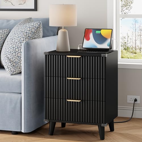 Lulive Wood Nightstand Set of 2 with Charging Station, 3 Drawers Fluted Design, Modern End Table for Bedroom Black - color: Black, size: 3 Drawers-Set of 2 Nightstand