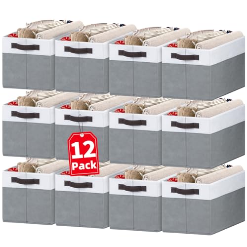Criusia 12 Pack Large Storage Baskets for Shelves | Fabric Closet Organizers and Storage Bins with Handles for Home Organization | Decorative Collapsible Basket for Organizing Clothes Toy Nursery - color: White with Grey, size: 12pcs - Rectangular 14"x10"