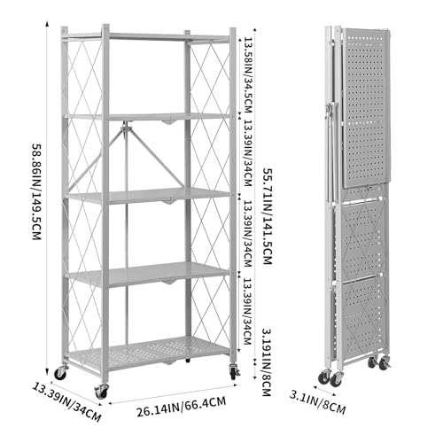 BRIAN & DANY 5-Tier Foldable Storage Shelves with Wheels, Folding Metal Rack Shelving Unit, Heavy Duty No Assembly Organizer Shelf for Garage, Kitchen, Basement, Pantry, Gray - color: Grey, size: 5-tier