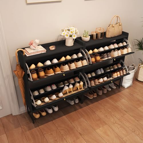AVZEAR Narrow Shoe Storage Cabinet for Entryway with 2 Flip Drawers, Freestanding Shoe Cabinet with Natural Linen Panel, Slim Wood Shoe Organizer Closed Shoe Rack for Hallway, Foyer(Black) - color: Black, size: 2 Drawers