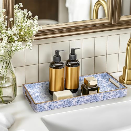 MAONAME Plastic Vanity Tray, Narrow Bathroom Counter Tray, Blue Decorative Trays with Handles, Storage Dresser Trays Organizer for Toilet Tank, Jewelry, Makeup, 13.8" x 6" x 1.57" - color: Bohemian-9