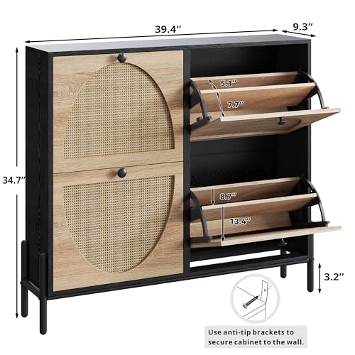 IRONCK Rattan Shoe Cabinet Storage with 4 Flip Drawers, Freestanding Shoe Storage Organizer Cabinet for Entryway, Narrow Shoe Rack Cabinet, Black - color: Black