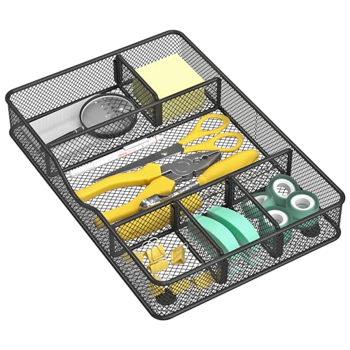 VyGrow Desk Drawer Organizer Tray, Metal Mesh Drawer Organizer for Office & Home, 6 Adjustable Compartments, Black, 2 Pack - 12.87x8.73x1.96 inch - color: 2PCS Medium