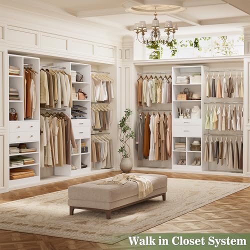 Besiost Closet System, Up to 128.6"/10.7 FT Closet Organizer with 4 Wooden Drawers and Shelves, Walk-in Closet System with 6 Hanging Rods, Built-in Closet Can Fit 96"/8FT, 120"/10FT, White - color: White, size: Style B: 72"—128.6"(W)