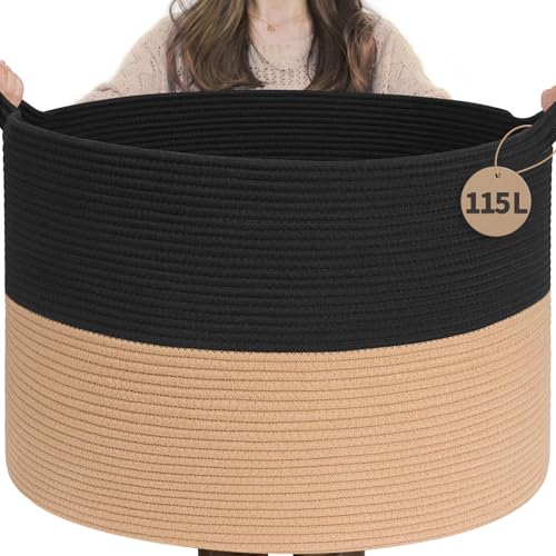 INDRESSME 115L Extra Large Cotton Rope Blanket Basket for Nursery, Boho Decor Baby Laundry Baskets for Kids Toy Organizer Storage Bin for Dirty Clothes Pillows Towel, Black & Camel - color: Black & Camel, size: 23.6"D x 15.7"H