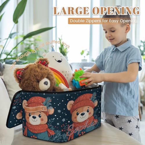 Custom Storage Basket with Name, Personalized Storage Bins with Zipper Lid, Foldable Fabric Storage Box Large capacity with Handle Red Hat Scarf Bear - color: Option 14
