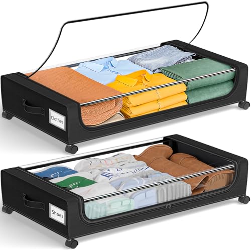 GoMaihe Under Bed Storage with Wheels: 48L Underbed Storage Containers with Clear Lids - Rolling Drawers & Bins for Shoes Clothes in Dorm Bedroom - Space-Saving Easy Pull-out Black 2-Pack - color: Black, size: Large(2Pack)