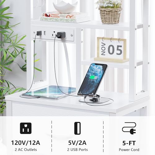 Furnulem Tall Night Stand, 52.1 Inch LED Nightstand with Charging Station and USB Ports, 4 PVC Fabric Drawers and 4 Tier Storage Shelf, Bedside Table for Bedroom, Dorm, Office (White) - color: White, size: 4 Drawer