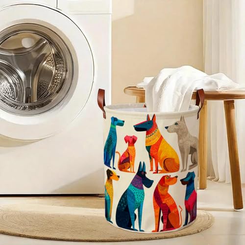 Laundry Basket 15.7 x 19.7 Inch Foldable Fabric Clothes Hamper with Colorful Cartoon Dog Pattern Leather Handles Storage Bin for Kids Bedroom Laundry Room and Pet Owner Home Décor - color: Colorful585
