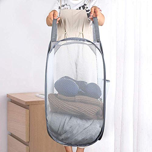 Larpur 2 Pcs Popup Mesh Laundry Baskets, Collapsible and Portable Clothes Washing Laundry Hampers with Reinforced Carry Handles, Gray Clothes Hamper for Home, Travel, College Dorm - color: 2*Grey