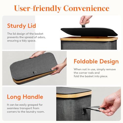 Lifewit 65L Slim Laundry Hamper with Lid, Narrow Laundry Basket with Removable Bag & Bamboo Handles, Fodable Thin Dirty Clothes Hamper for Laundry Collapsible Bin for Bathroom Bedroom Dorm, Dark Gray - color: Dark Gray, size: 65L
