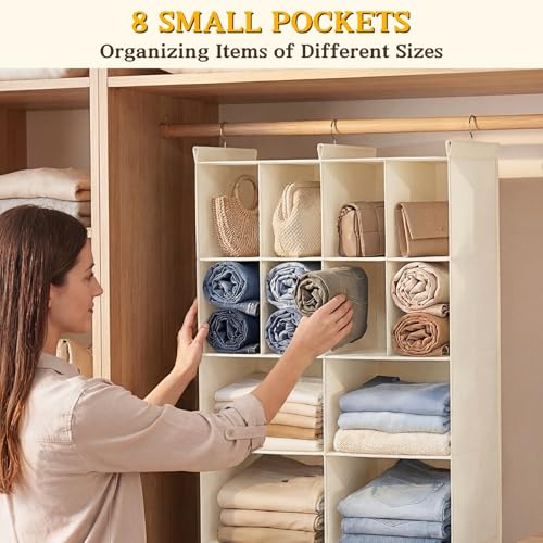 Ofiray-home 4 Tier Hanging Closet Organizer, 12 Compartments Sweater Organizer for Closet with 3 Sturdy Hooks, Closet Organizers and Storage, Wardrobe, Rv, Garment Rack, Beige - color: Beige, size: 4-Tier