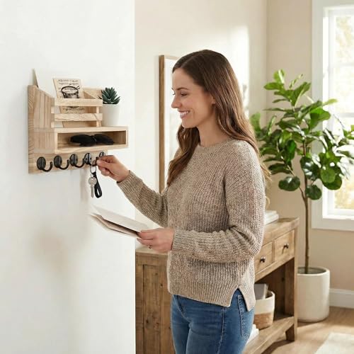 Wall Key Rack - Mail Organizer with 5 Key Hooks, Paulownia Wood, 11.8x7.1 Inches, Apartment Wall Decor, Installation Accessories Included (Light Burn Color) - color: Light burn color