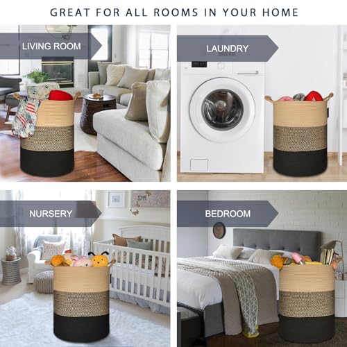 COMSE Extra Large Blanket Basket, Tall Woven Storage Basket, Nursery Hamper, 15.7”x 21.7”, Cotton Rope Laundry Hamper for Toys Clothes Towels, Brown/Black - color: Brown & Black