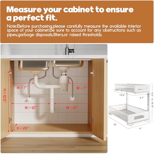 2 Pack 19IN Depth Under Sink Storage Organizer, Large 2-Tier Elegant Mesh Pull Out Shelf for Kitchen and Bathroom Cabinet Organization, L-Shaped and Adjustable Height Design-White - color: White, size: 2 Pack-19"Dx11.4"-16.14"H