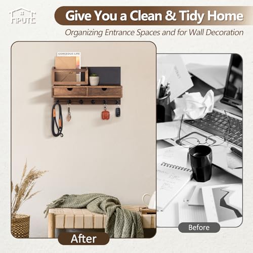 Key Holder for Wall, Key and Mail Holder for Wall with Storage Drawer, Entryway Rustic Home Decor, 3 Liquid Chalks & Chalkboard, 15.98”W x 9.1”H x 3.3”D, Brown - color: Brown