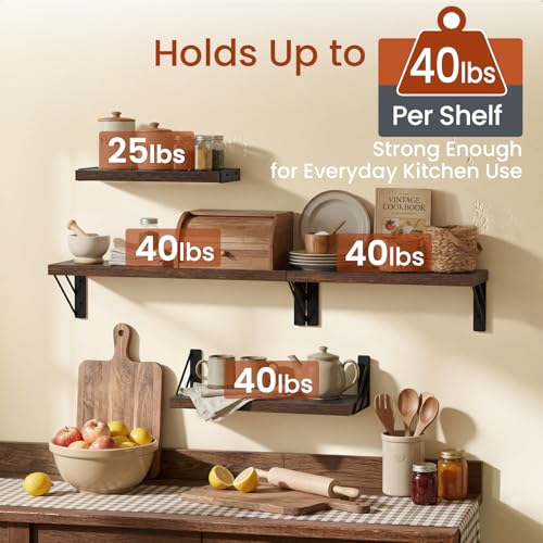 BAYKA Wall Shelves for Bathroom Decor, Floating Wall Shelves for Living Room Kitchen Storage, Mounted Rustic Wood Floating Shelves for Kids Books, Corner Shelf for Bedroom(Rustic Brown，Set of 4) - color: C. Rustic Brown Board & Black Brackets, size: 16-in