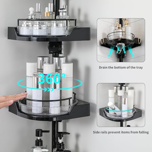 360° Rotating Shower Caddy Tension Pole, 4 Tiers Corner Shower Organizer for Bathroom Shelf Bathtub, Adjustable Standing Shower Rack Bathroom Accessories, Easily Assemble, 34-124 Inch Height, Black - color: Black, size: 4tiers
