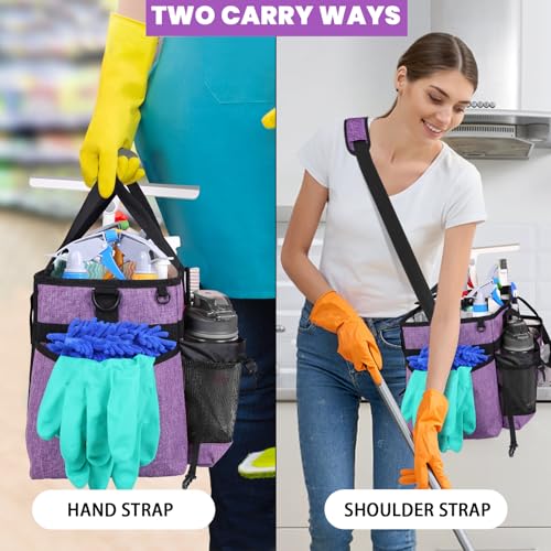 Large Cleaning Caddy Bag Built-in Sturdy Support Board, Cleaning Organizer with Detachable Divider, Cleaning Supply Tote with Adjustable Shoulder Strap&Waist Belt for Cleaners & Housekeeper - color: Purple