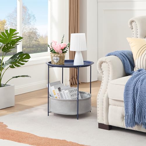 VECELO Round Side/End Table with Fabric Storage Basket，Metal Anti-Rust and Waterproof Small Bedside Nightstand with Removable Tray Top for Living Room，Balcony & Laundry，Blue /2pcs with Basket - color: Blue, size: 2 PCS with Basket