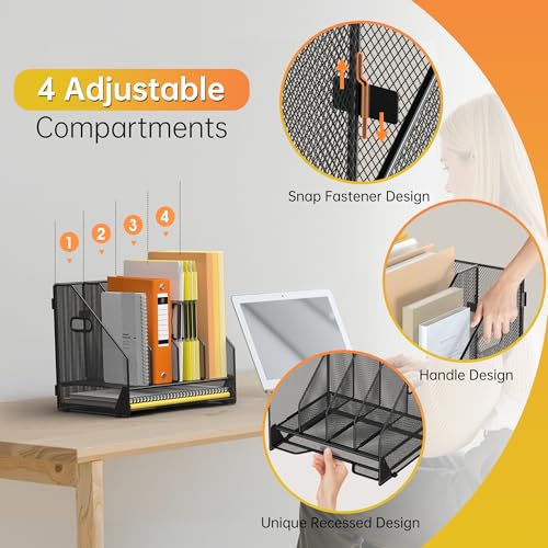Docnest Desk File Holder Sorter, 4 Vertical Compartments Rack with Letter Tray, Mesh Magazine File Holder with Handle,Workspace Organizers,Desk Organizers for Paper, Mail, Documents-Black - color: Black-4 Compartments