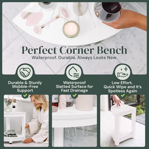 ROHKEX Waterproof Corner Shower Stool - White Waterproof Shower Bench for Shaving Legs & to Sit On - Easily Assembled Corner Bench & Shelf - Restroom Organizer - Restroom Home Decor Gift Idea - color: White