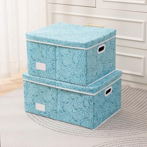 PRANDOM Jumbo Collapsible Storage Cubes with Lids Fabric Decorative Storage Bins Boxes Organizer Baskets with Cover Handles for Bedroom Closet Living Room 23.2x15.7x11.8 Inch 3 Pack - color: Blue, size: XX Large(3-Pack)