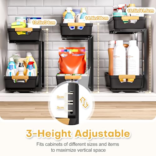 Homde 2-Tier Under Sink Organizer: 2pcs Set Adjustable Pull Out Drawer Undersink Cabinet Storage Rack for Home Kitchen Bathroom