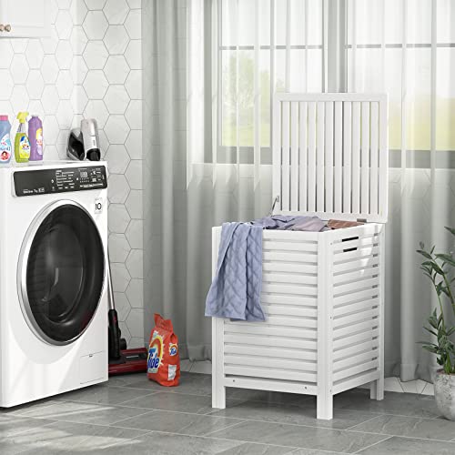 Homykic Bamboo Laundry Hamper with Lid, 120L Large Clothes Laundry Sorter with Removable 2-Section Liner Bag, Raised Laundry Basket Organizer for Clothing, Bathroom, Bedroom, Laundry Room, White - color: White