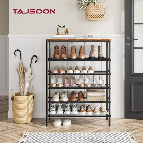 Tajsoon 6 Tier Free Standing Shoe Rack for 20-24 Pairs, X Shape Fixed Frame Metal Mesh Shoe Rack for Closet, Rustic Brown & Black - color: Rustic Brown & Black, size: 6-Tier
